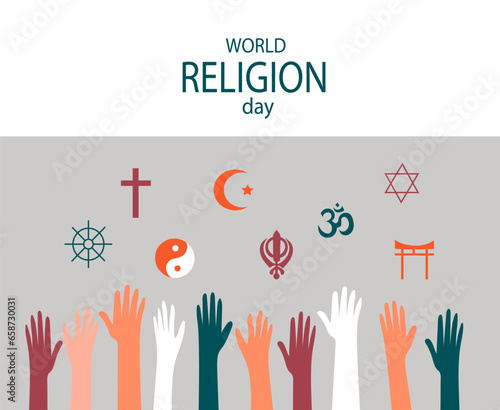 World Religion Day hand drawn flat doodle vector  banners. Background design with education accessories element. Illustration for poster , wallpaper, website