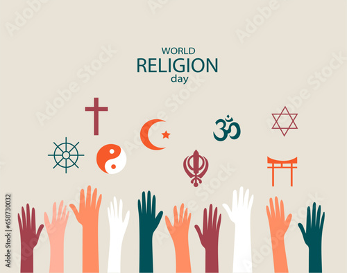 World Religion Day hand drawn flat doodle vector  banners. Background design with education accessories element. Illustration for poster , wallpaper, website