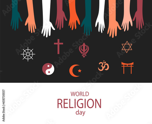 World Religion Day hand drawn flat doodle vector  banners. Background design with education accessories element. Illustration for poster , wallpaper, website