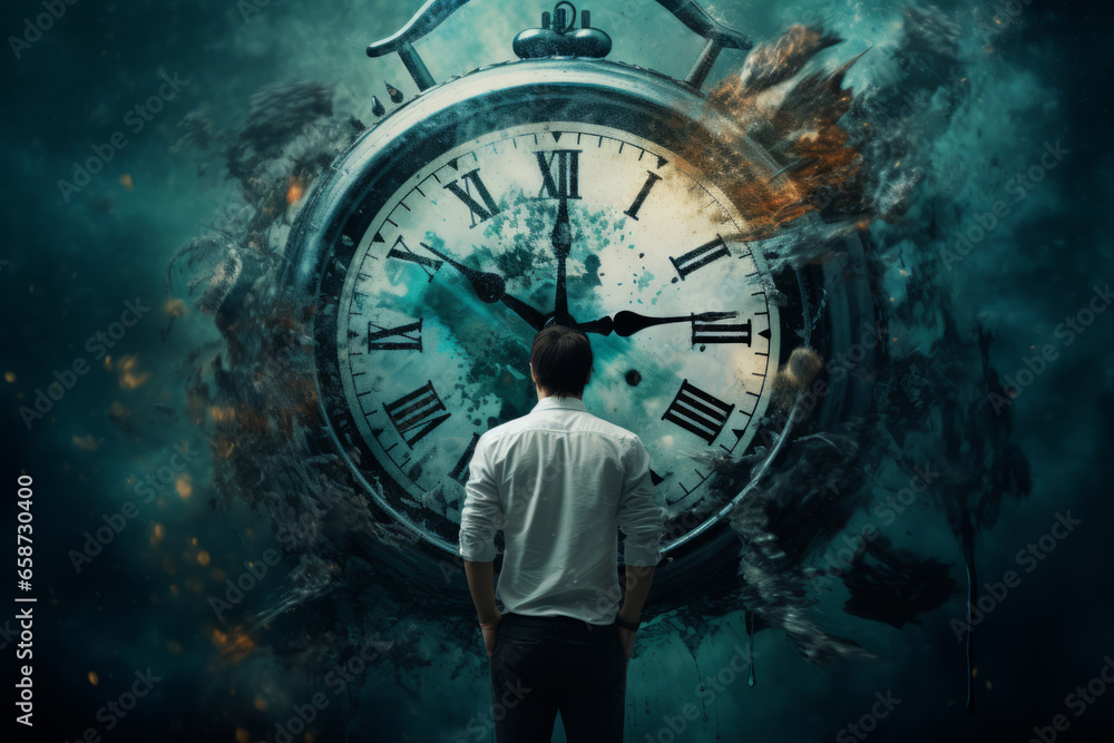 Concept of time passing away, the clock breaks down into pieces. Time is running out, hurry, buy now, closing, soon - obrazy, fototapety, plakaty 