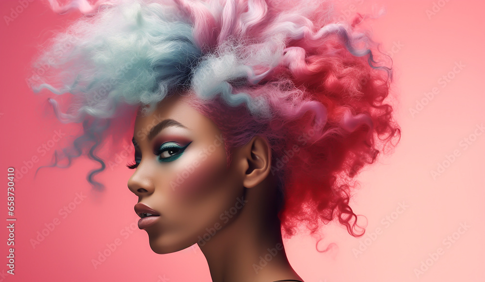 Eccentric woman with big afro dyed pink hair. Lifestyle concept. AI generated Eccentric woman with big afro dyed pink hair. Lifestyle concept. AI generated
