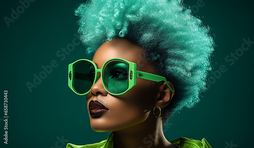 Eccentric woman with big afro dyed green hair. Lifestyle concept. AI generated