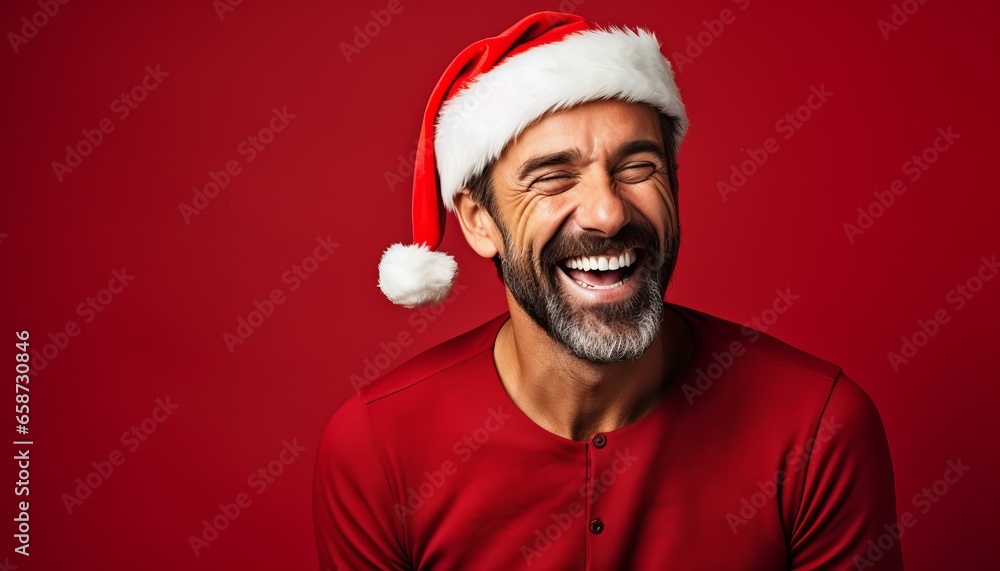 Photo of a man wearing a Santa hat and laughing created with Generative AI technology Photo of a man wearing a Santa hat and laughing created with Generative AI technology