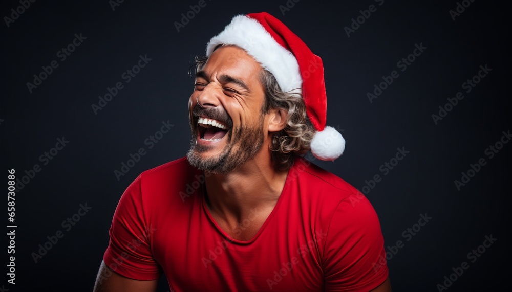 Photo of a man wearing a Santa hat and laughing created with Generative AI technology Photo of a man wearing a Santa hat and laughing created with Generative AI technology