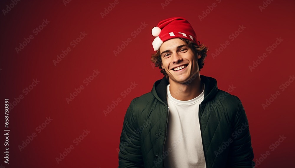 Photo of a man wearing a Santa hat in front of a vibrant red wall created with Generative AI technology Photo of a man wearing a Santa hat in front of a vibrant red wall created with Generative AI technology