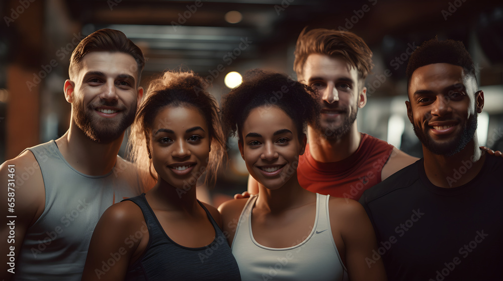 Group of athletic men and women stand together in the background of a gym Group of athletic men and women stand together in the background of a gym