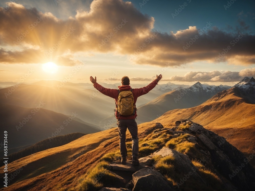 A triumphant scene capturing a happy man with arms raised in celebration, standing on the summit of a majestic mountain. 