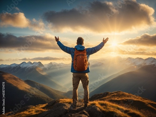 A triumphant scene capturing a happy man with arms raised in celebration, standing on the summit of a majestic mountain. 