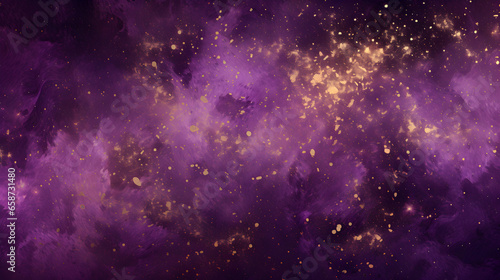 Purple liquid with tints of golden glitters, Purple background with a scattering of gold sparkles, Magic Galaxy of golden dust particles in red fluid with burgundy tints