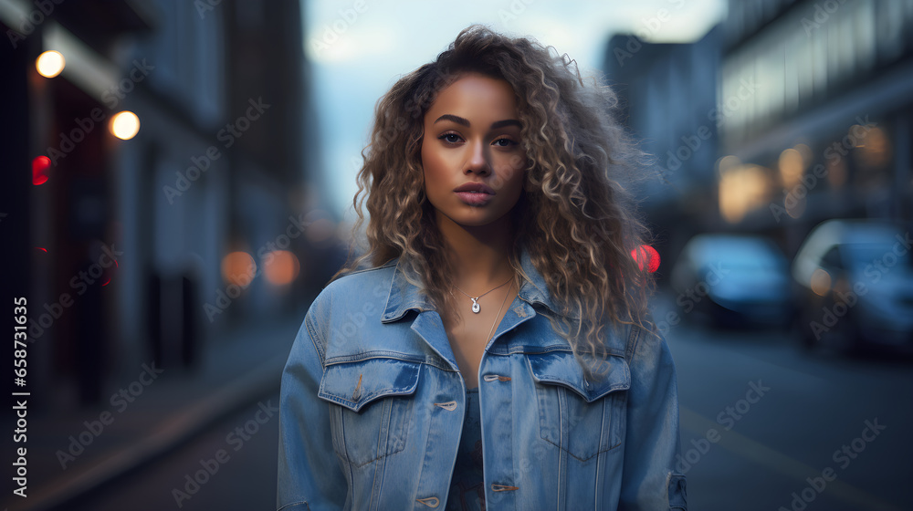 artistic woman street fashion portrait, pretty girl walking in urban city street, portrait of wearing a beautiful denim jacket, Generative AI artistic woman street fashion portrait, pretty girl walking in urban city street, portrait of wearing a beautiful denim jacket, Generative AI