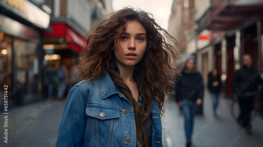 artistic woman street fashion portrait, pretty girl walking in urban city street, portrait of wearing a beautiful denim jacket, Generative AI