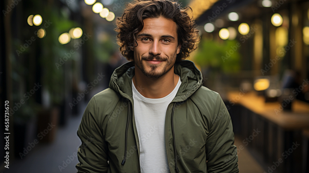 Fototapeta premium Mexican man in dark swamp sweatshirt, with brown curly hair, street photo shoot, successful man. Generative AI.