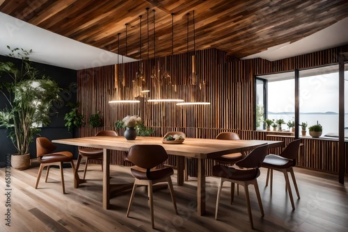 Capture the essence of tranquility as you envision a minimalist Scandinavian dining room with brown leather chairs, a wooden table, and abstract wood paneling adorning the ceiling and walls. © Johnny Sins
