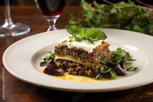 A clay dish, caressed by layers of alluring moussaka, with creamy béchamel sauce and spiced meat vividly in focus, settles gracefully on a rustic Grecian table