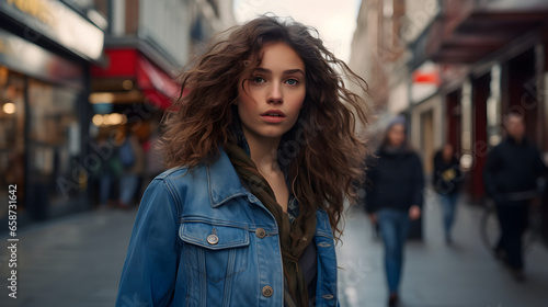 artistic woman street fashion portrait, pretty girl walking in urban city street, portrait of wearing a beautiful denim jacket, Generative AI