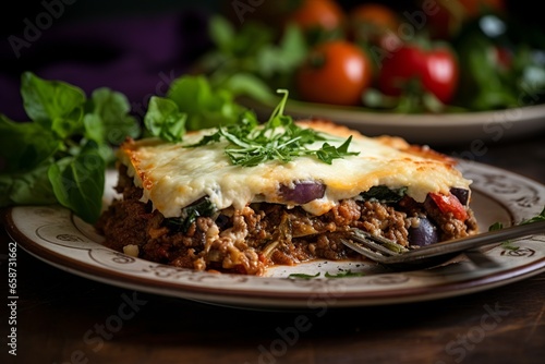 A clay dish, caressed by layers of alluring moussaka, with creamy béchamel sauce and spiced meat vividly in focus, settles gracefully on a rustic Grecian table