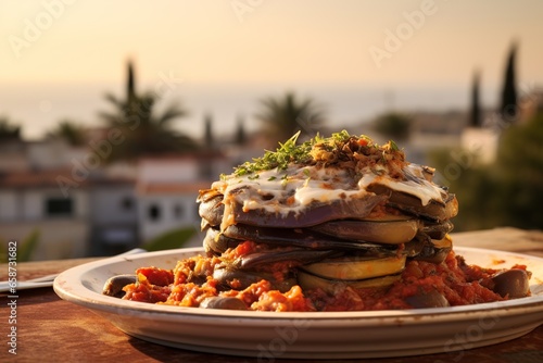 A clay dish, caressed by layers of alluring moussaka, with creamy béchamel sauce and spiced meat vividly in focus, settles gracefully on a rustic Grecian table