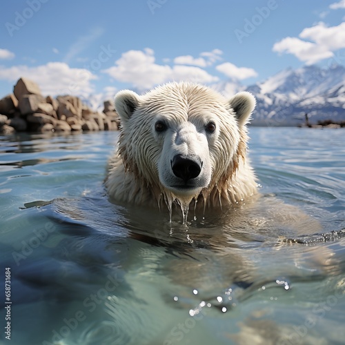  White polar bear among snow and ice. A family of northern bears  they are also called oshkuy  nanuk or umka. representatives of the clubfoot family. Predatory animal in the wild