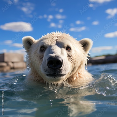 
White polar bear among snow and ice. A family of northern bears, they are also called oshkuy, nanuk or umka. representatives of the clubfoot family. Predatory animal in the wild photo