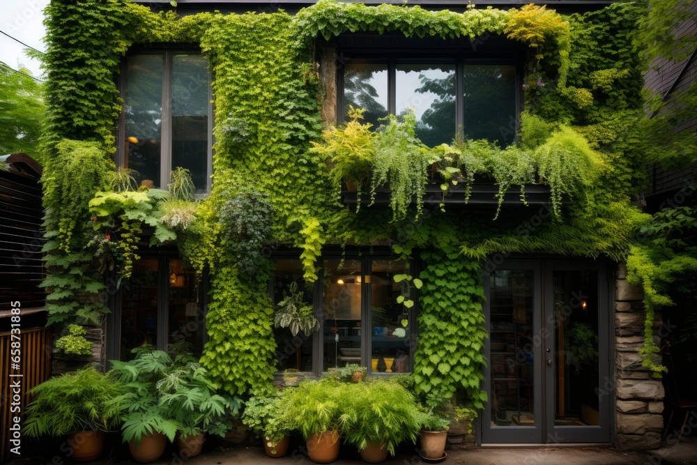 Residential building with vertical garden on the wall. Architecture, decor, eco concept
