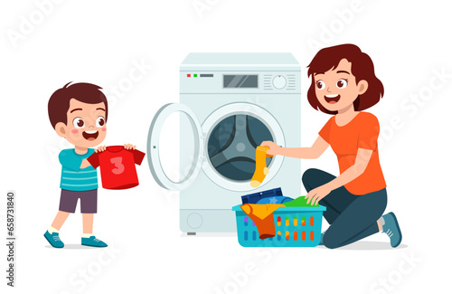 little kid helping mother to wash clothes