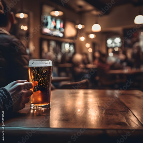 Person enjoying a beer in a pub or bar