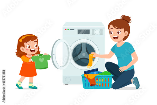 little kid helping mother to wash clothes