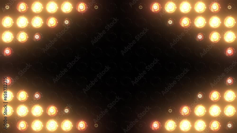 Colorful loop led back wall light bulbs. Glowing lamp background animation. Golden motion background for music video or stage event entertainment or concert. Copy space for text or logo