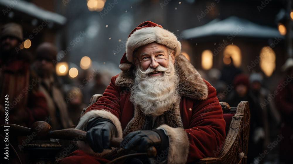 Santa Claus rides a reindeer and hands out gifts, generative ai