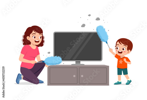 little kid helping mother cleaning dust