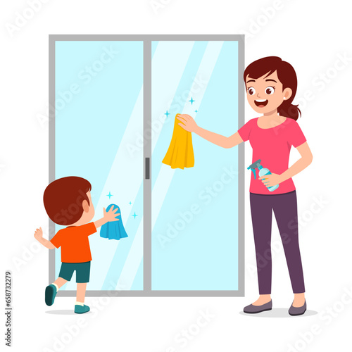 little kid help mother cleaning window