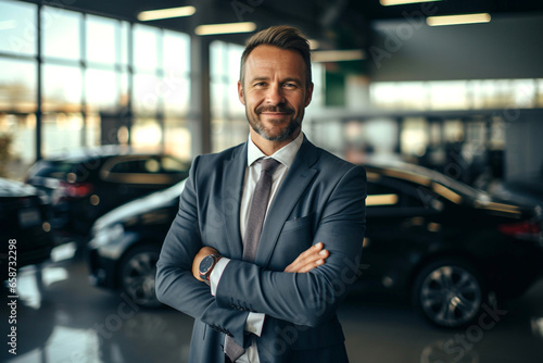 Successful luxury automobile business concept. Smiling friendly car seller dressed in suit standing in car salon showroom showing around cars. Salesman with hands crossed look into camera © Valeriia