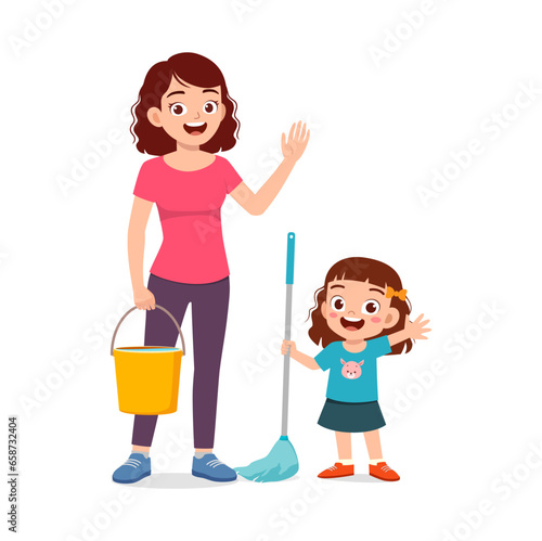 little kid helping mother to mop the floor