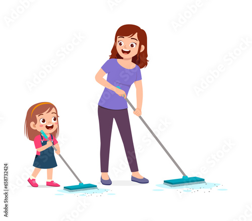 little kid helping mother to mop the floor