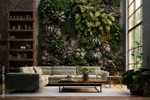 Lounge interior with comfortable sofa. Vertical garden - wall design of green plants. Architecture, decor, eco concept © happy_finch