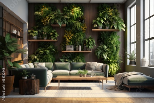 Stylish living room interior with comfortable sofa  coffee table. Vertical garden - wall design of green plants. Architecture  decor  eco concept