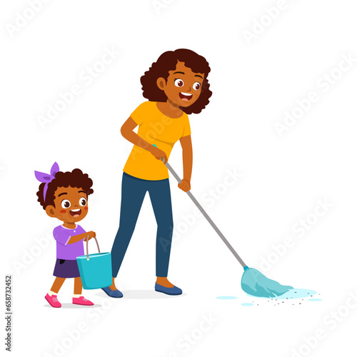 little kid helping mother to mop the floor