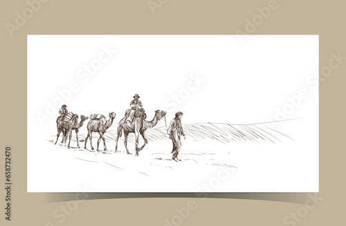 Camel safari in the desert. free hand illustration art.Wall Art. (ID: 658732470)