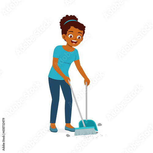 young woman sweep the floor using broom