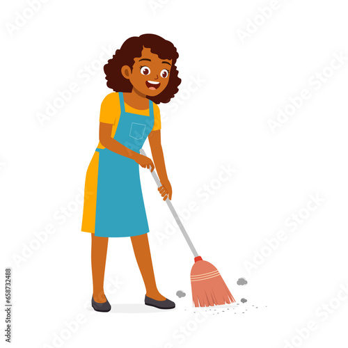 young woman sweep the floor using broom