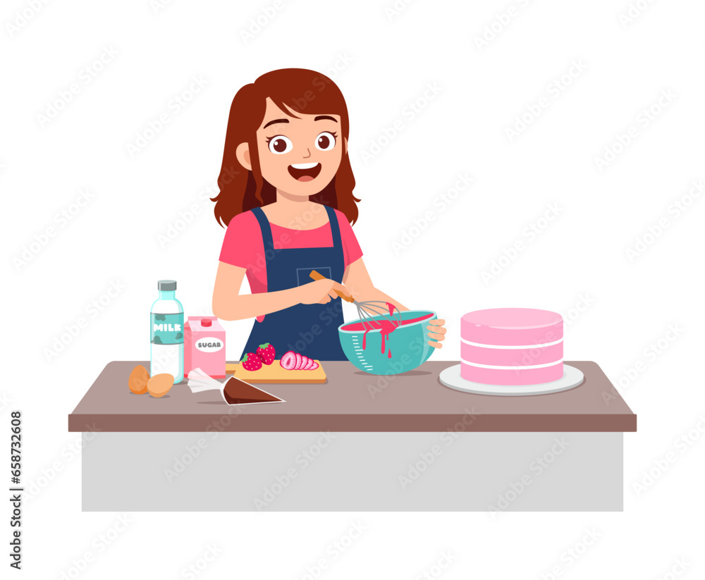 young woman baking pink strawberry cake