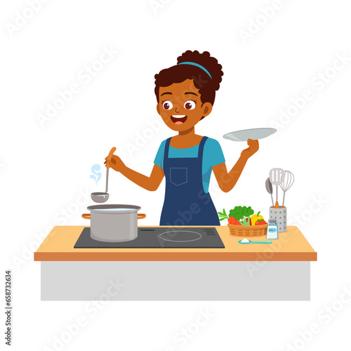 young woman cooking soup using big pot