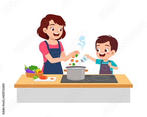 little kid helping mother cooking soup