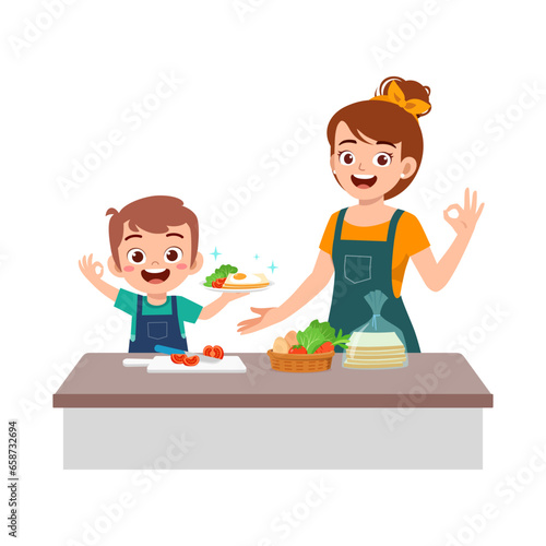 little kid helping mother preparing food for breakfast