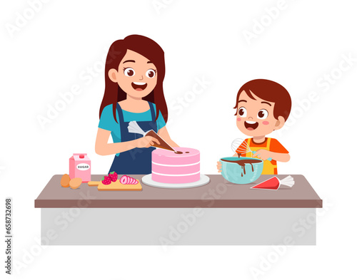 little kid helping mother baking cake