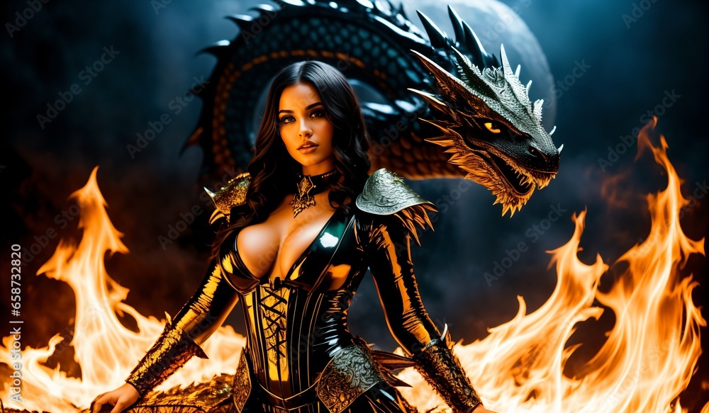 Beautiful girl in a fantasy dragon costume with fire on the background