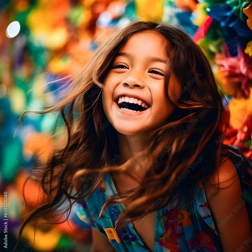 Happy young girl in a vibrant and colorful environment