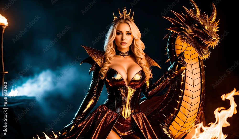 A beautiful blond young woman in a dragon costume. The dragon is a symbol of the new year 2024 according to the Eastern calendar. Fantasy cosplay. The magical world of fire and magic