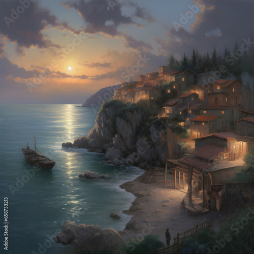 A village on a cliff overlooking the ocean