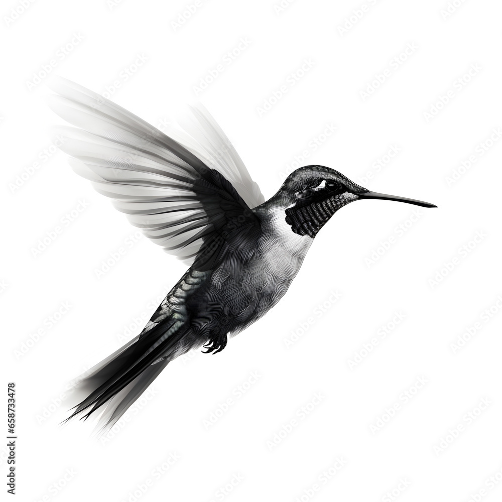 Fototapeta premium A black and white illustration of a hummingbird in flight on a white background